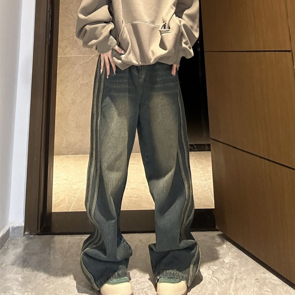 Vintage Side Striped Y2K Flare Jeans - fairypeony