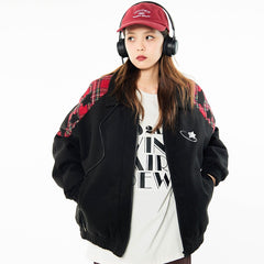 Embroidered Stars Plaid Varsity Jacket - fairypeony