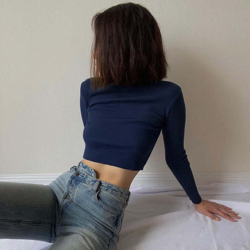 Stretch Rib Solid Color Long-Sleeved T-Shirt, , women clothing, stretch-rib-solid-color-long-sleeved-t-shirt, , fairypeony