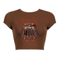 Round Neck Short Print Shirt, , women clothing, round-neck-short-print-shirt, brown, L, M, S, fairypeony