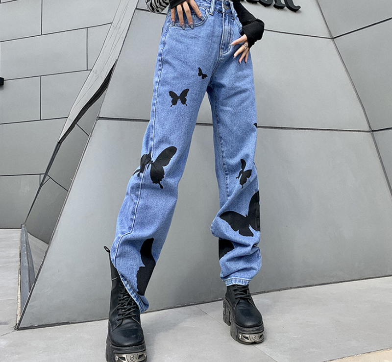 High-Waisted Print All-Match Denim Straight Pants, , women clothing, high-waisted-print-all-match-denim-straight-pants, , fairypeony