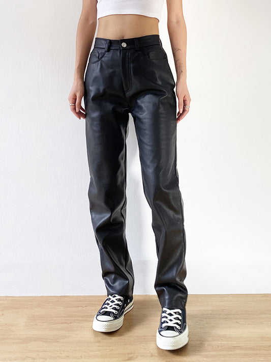 Slim Straight Leg Faux Leather Pants Trousers, , women clothing, slim-straight-leg-faux-leather-pants-trousers, , fairypeony