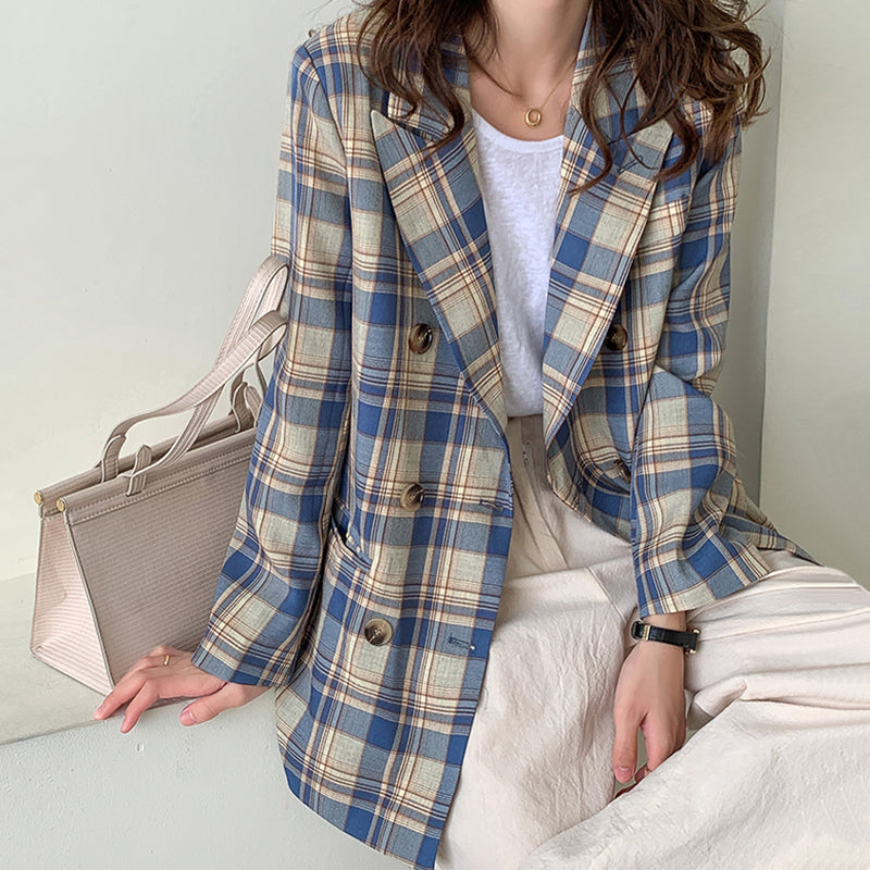 Autumn Suit Loose Blue Plaid Jacket, , women clothing, autumn-suit-loose-blue-plaid-jacket, , fairypeony