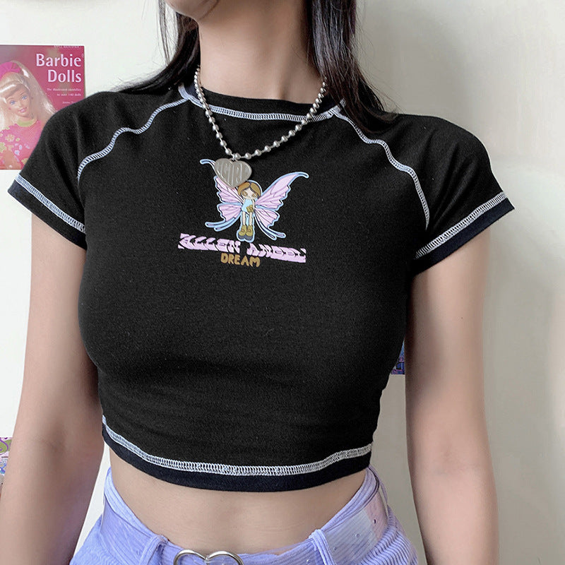 Butterfly Letter Print Cropped Top, , women clothing, butterfly-letter-print-cropped-top, , fairypeony