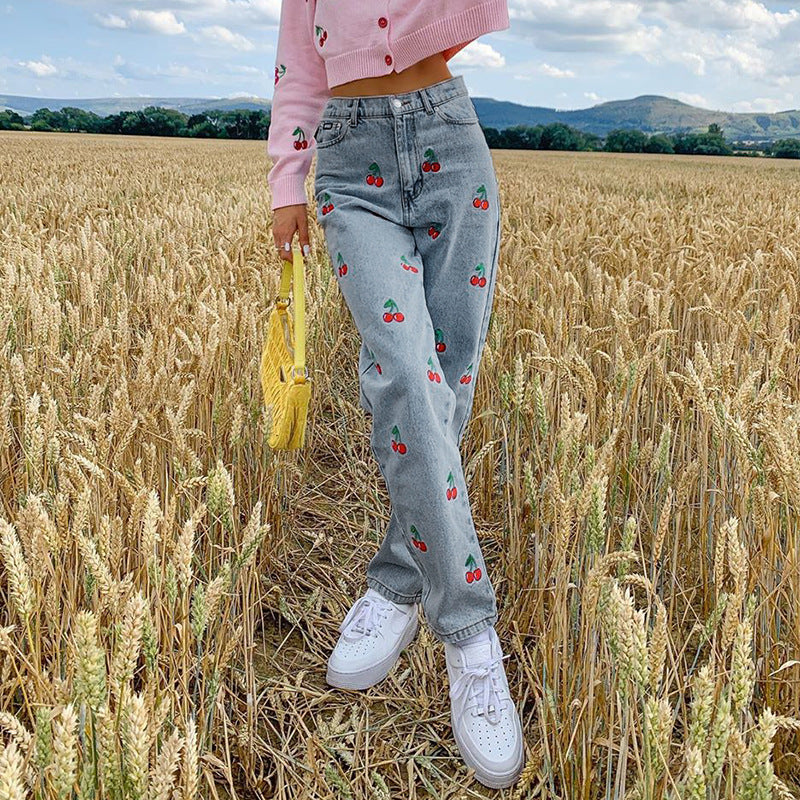 Cute Cherry Jeans, , women clothing, cherry-embroidered-high-waist-mom-jeans, , fairypeony