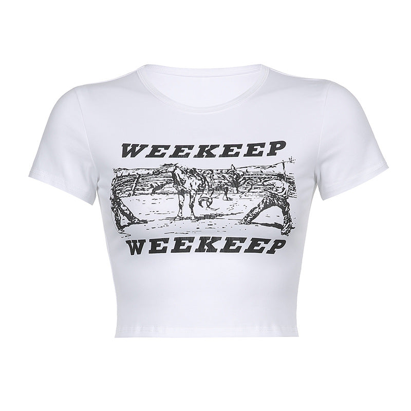 Weekeep T-shirt, , women clothing, printed-short-sleeved-t-shirt, black, L, M, S, white, fairypeony