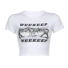 Weekeep T-shirt, , women clothing, printed-short-sleeved-t-shirt, black, L, M, S, white, fairypeony