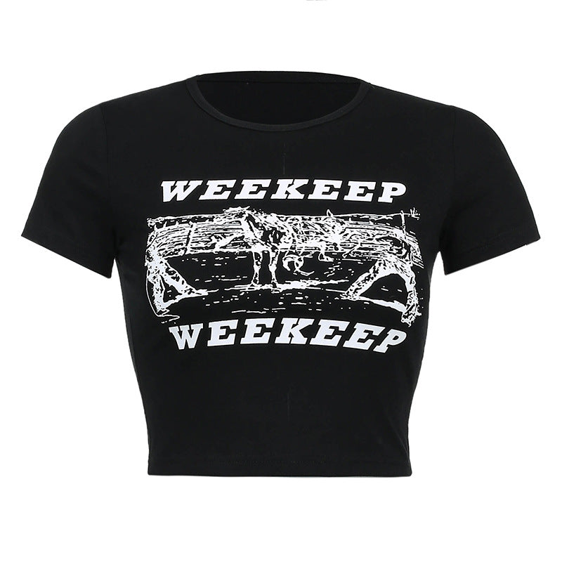 Weekeep T-shirt, , women clothing, printed-short-sleeved-t-shirt, black, L, M, S, white, fairypeony