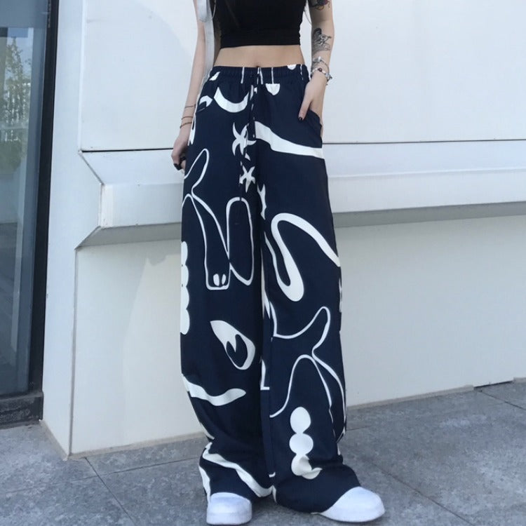 Vintage Graffiti Print Loose Wide-leg Pants, , women clothing, vintage-graffiti-print-loose-wide-leg-pants, , fairypeony