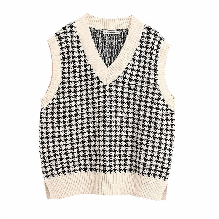 Houndstooth knitted Sweater, , women clothing, houndstooth-knitted-vest-vest, , fairypeony