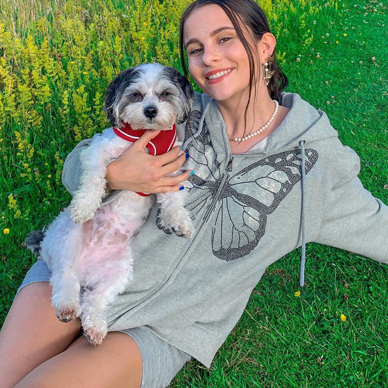 Oversized Butterfly Graphic Rhinestone Zip Up Hoodies, , women clothing, oversized-butterfly-graphic-rhinestone-zip-up-hoodies, , fairypeony