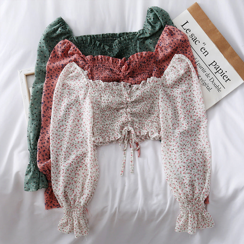 Floral chiffon pleated short chiffon shirt, , women clothing, floral-chiffon-pleated-short-chiffon-shirt, , fairypeony