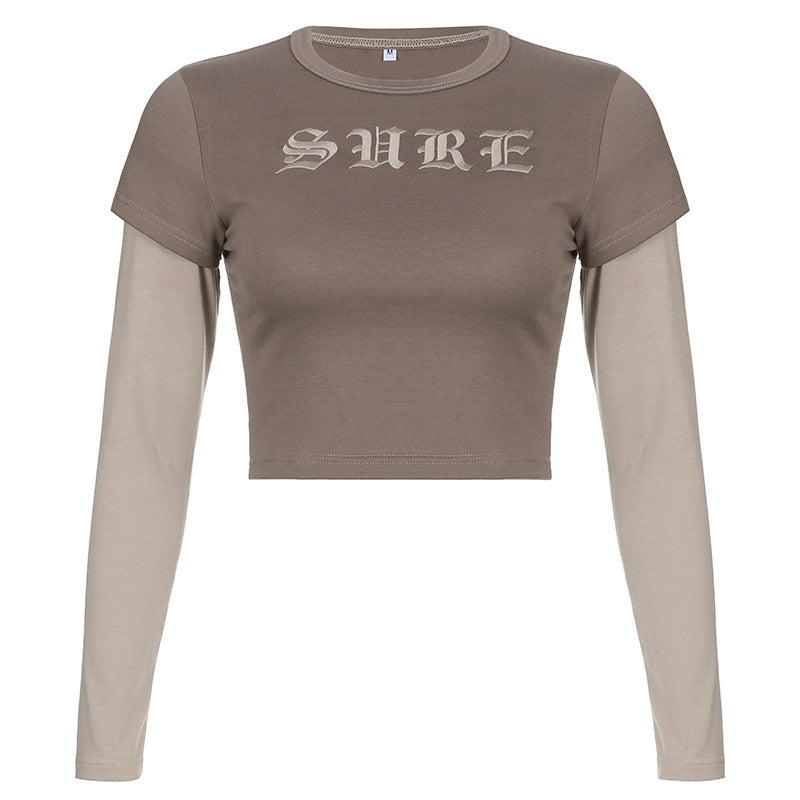 Logo Embroidered Patchwork Long Sleeve Crop Top - fairypeony