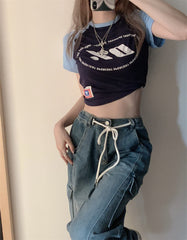 Tie Strap Blue Wash Straight Cargo Jeans - fairypeony