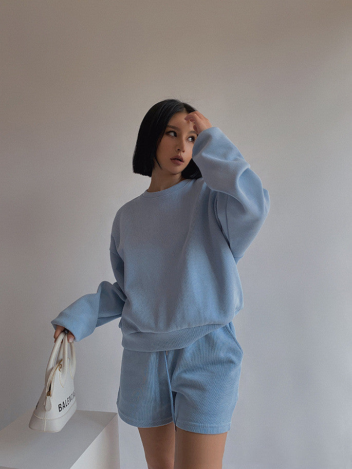 Drop Shoulder Halp Zip Sweatshirt & Drawstring Shorts Set, , women clothing, drop-shoulder-halp-zip-sweatshirt-drawstring-shorts-set, , fairypeony