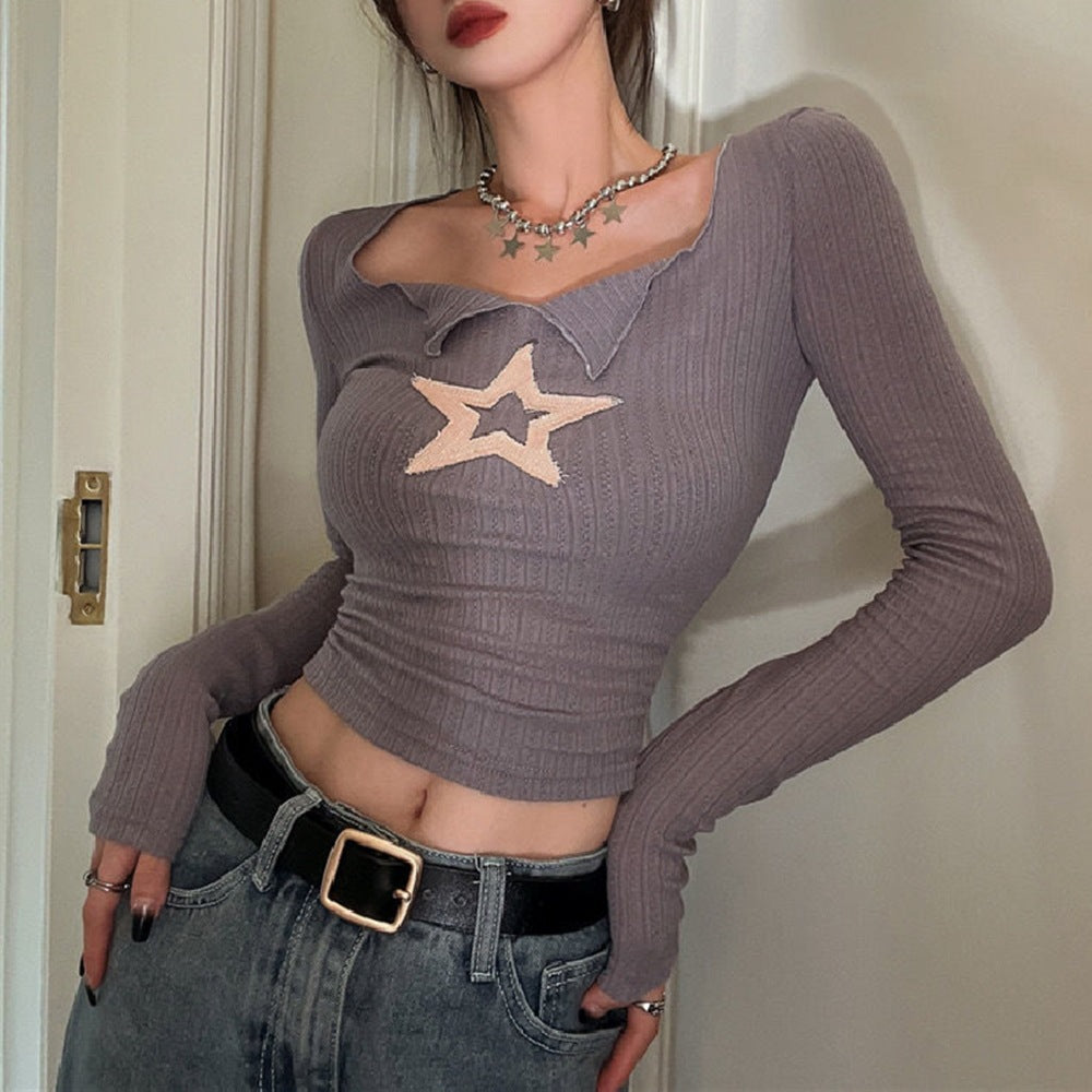 Star Patch Long Sleeve Knit Crop Top - fairypeony