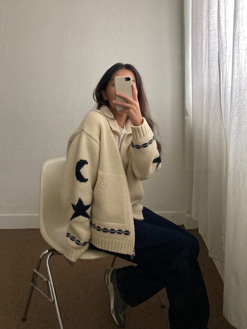Aesthetic Moon Star Print Zip Up Cardigan - fairypeony