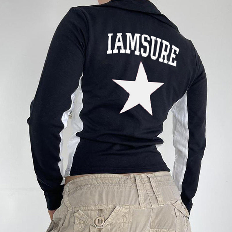 Contrast Star Print Zip Up Jacket - fairypeony