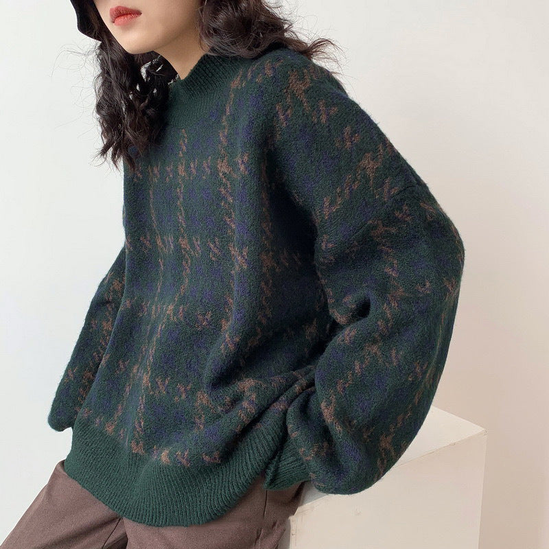 Christmas Houndstooth Checkered Sweater, , women clothing, womens-retro-japanese-outer-wear-knitted-sweater, , fairypeony