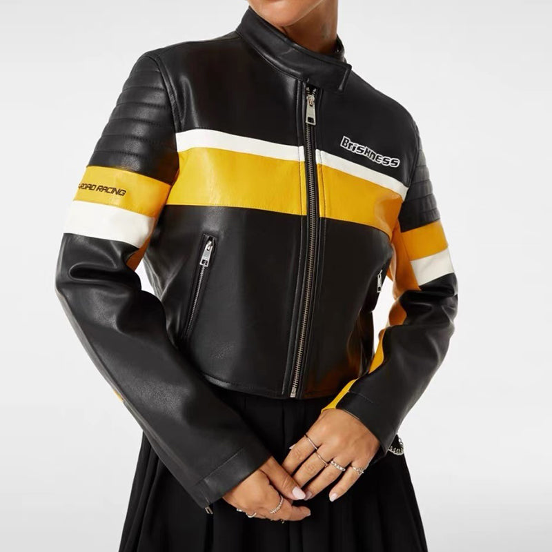 Contrast Pu Leather Cropped Moto Jacket - fairypeony