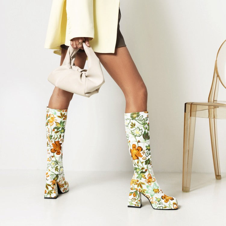Colorful Floral Square Toe Boots, , women clothing, colorful-floral-square-toe-boots, green, white, fairypeony