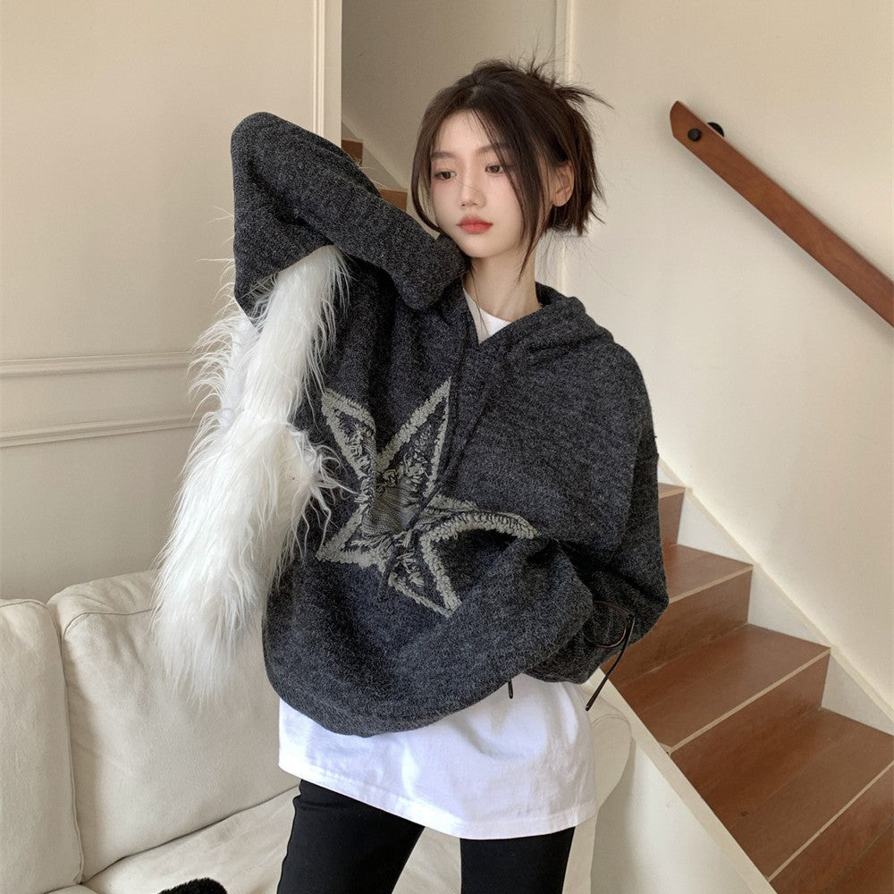 Star Jacquard Hooded Pullover Sweater - fairypeony