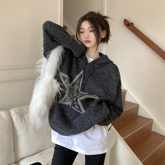 Star Jacquard Hooded Pullover Sweater - fairypeony