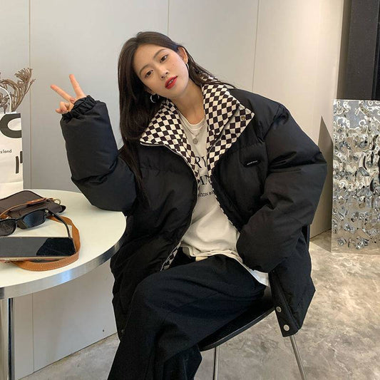 Checkered Collar Zip Up Padded Jacket, , women clothing, checkered-collar-zip-up-padded-jacket, , fairypeony