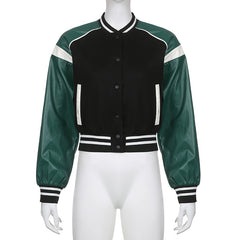 Pu Leather Paneled Cropped Varsity Jacket, fairy peony, women clothing, pu-leather-paneled-cropped-varsity-jacket, , fairypeony