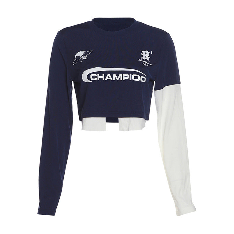 Logo Graphic Patchwork Long Sleeve Crop Top - fairypeony