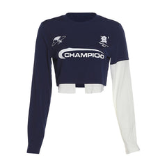 Logo Graphic Patchwork Long Sleeve Crop Top - fairypeony