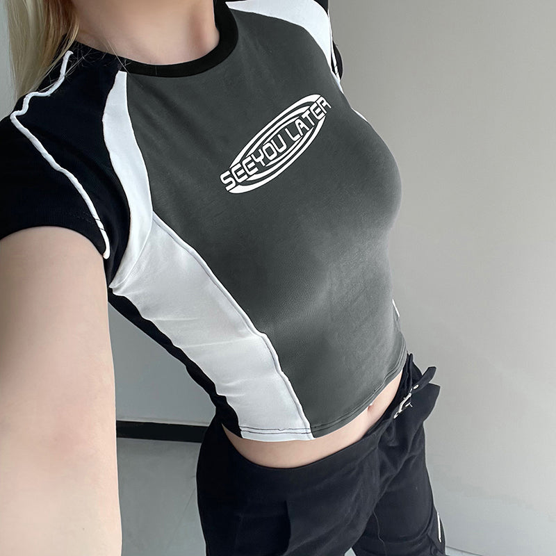 Logo Print Patchwork Short Sleeve Tee - fairypeony