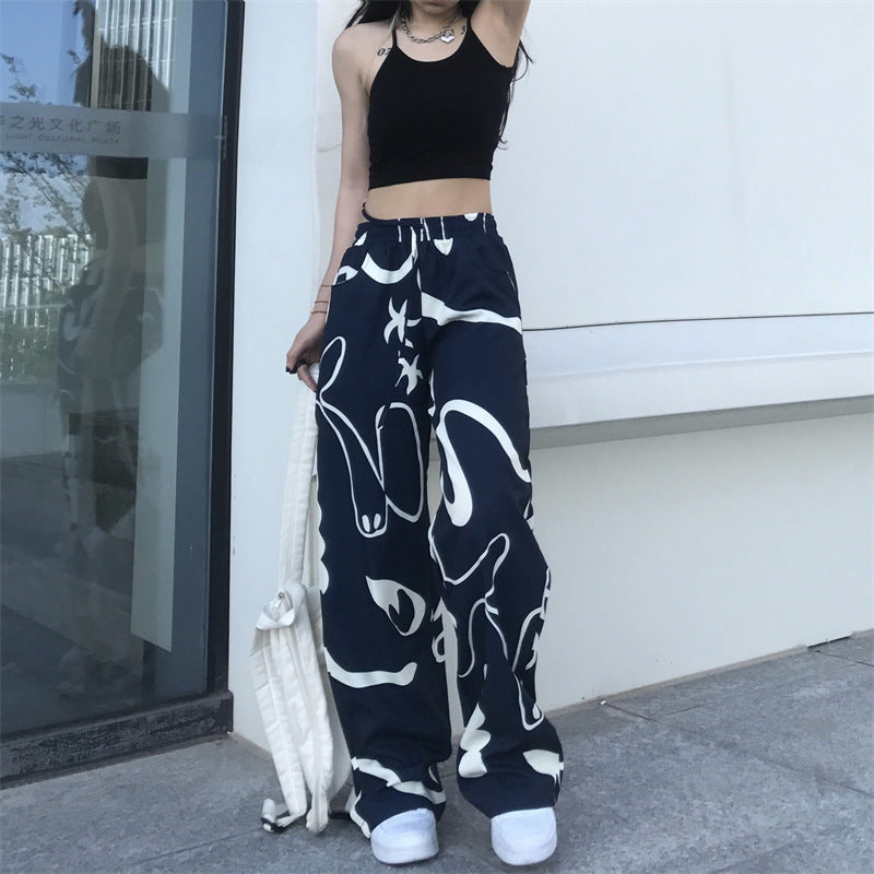Vintage Graffiti Print Loose Wide-leg Pants, , women clothing, vintage-graffiti-print-loose-wide-leg-pants, , fairypeony