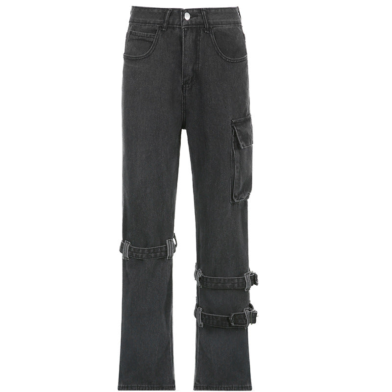 Washed Mid Waist Pocket Cargo Jeans - fairypeony