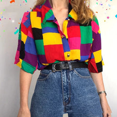 Colorful Printed Lapel Casual Top, , women clothing, colorful-printed-lapel-casual-top, Indie, L, M, red, S, XL, XXL, XXXL, XXXXL, fairypeony