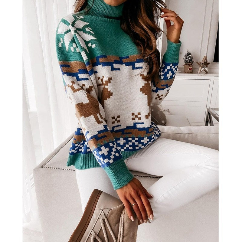 Turtleneck Christmas Jacquard Knitted Sweater, , women clothing, turtleneck-christmas-jacquard-knitted-sweater, , fairypeony