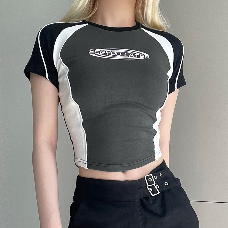 Logo Print Patchwork Short Sleeve Tee - fairypeony