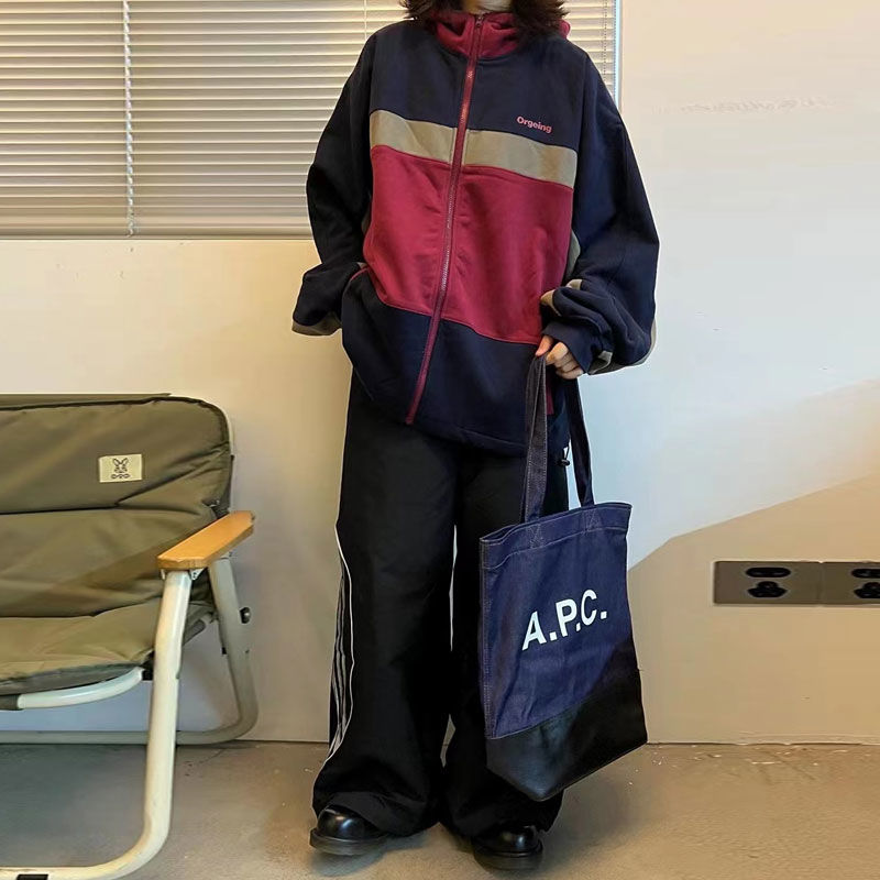 Vintage Oversized Color Block Zip Hooded Jacket - fairypeony