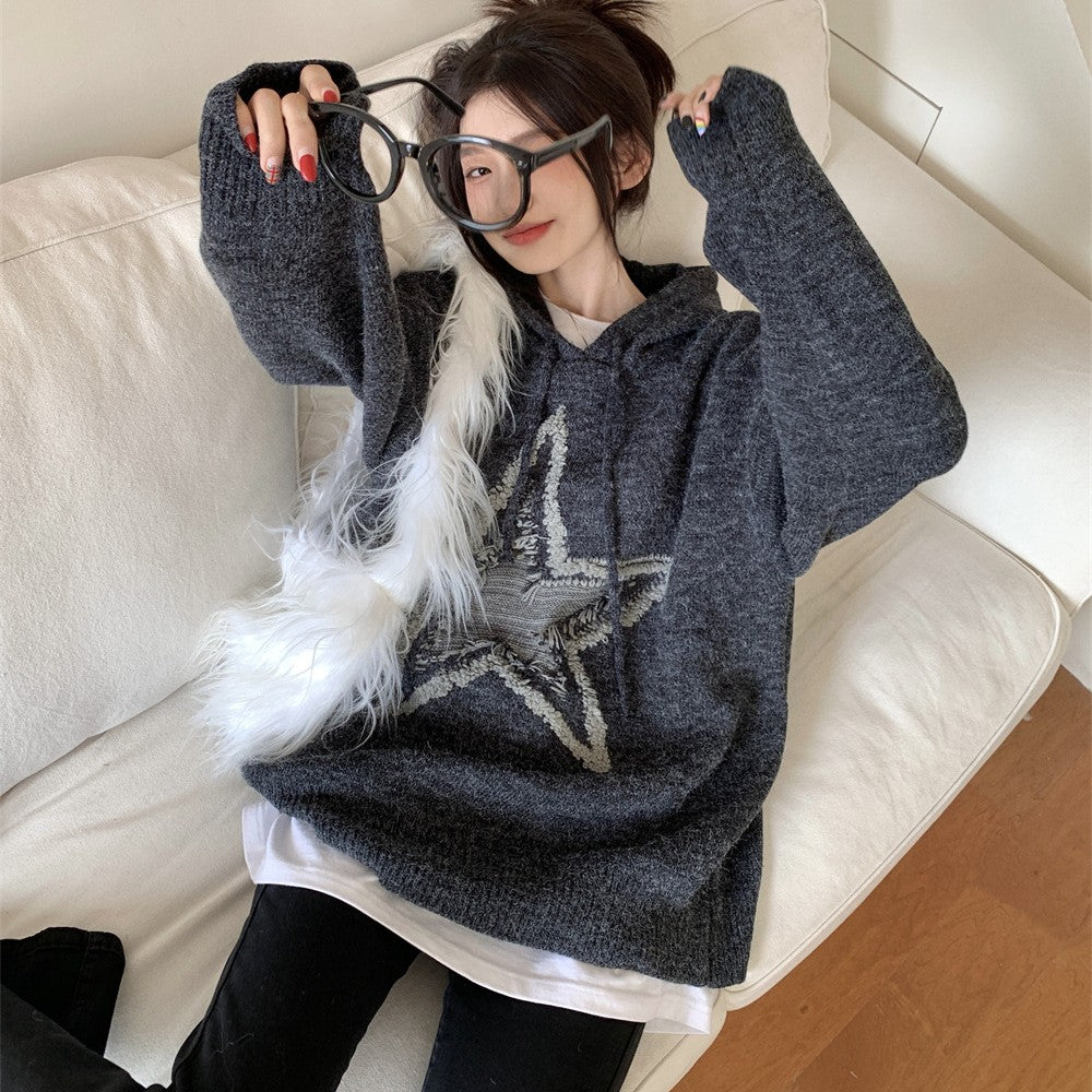 Star Jacquard Hooded Pullover Sweater - fairypeony