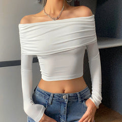 White Long Sleeve Off Shoulder Y2K Top - fairypeony