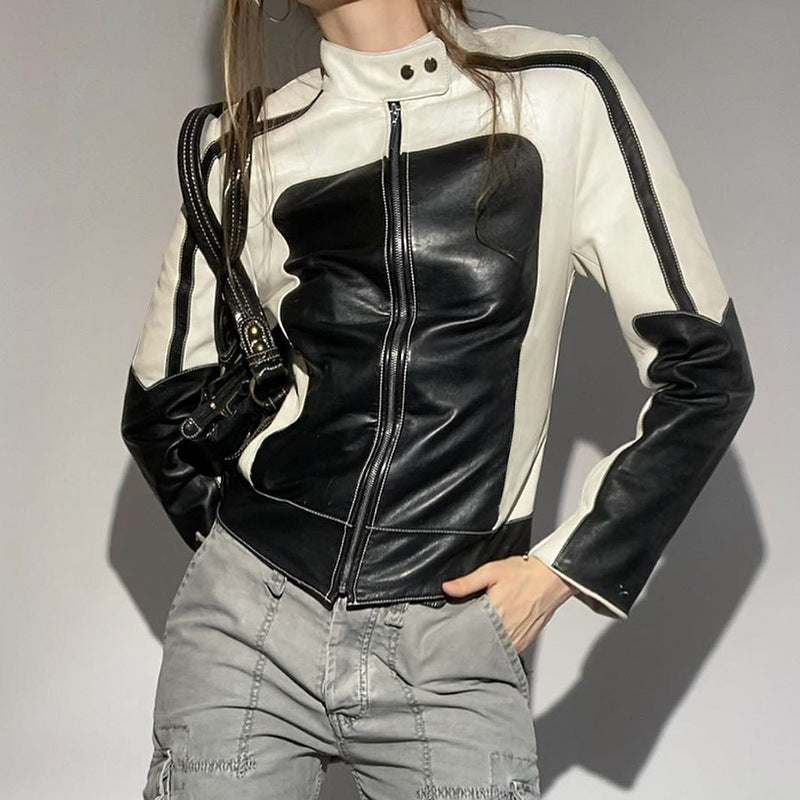 Color Block Zipper Faux Leather Moto Jacket - fairypeony