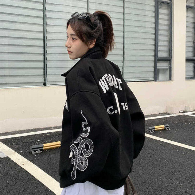 Vintage Snake Print Street Jacket, , women clothing, vintage-snake-print-street-jacket, black, fairypeony