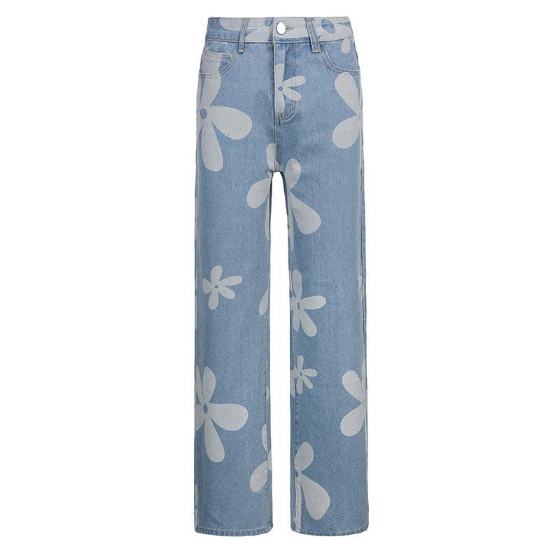 Flower Print High-rise Straight-leg Casual Jeans, , women clothing, flower-print-high-rise-straight-leg-casual-jeans, , fairypeony