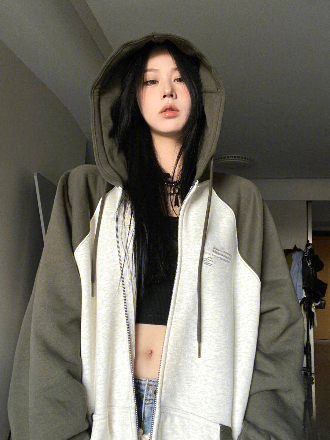 Letter Graphic Color Block Zip Up Hoodie - fairypeony