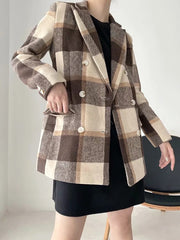 Double-breasted woolen plaid blazer, , women clothing, double-breasted-woolen-plaid-blazer, , fairypeony