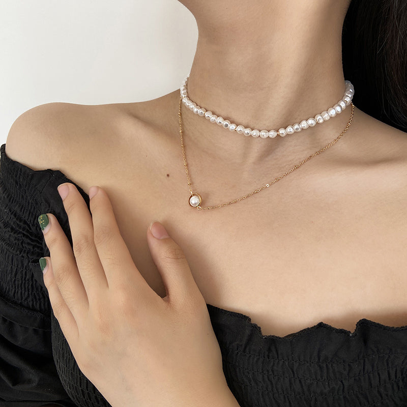 Simple Temperament Double-layer Pearl Clavicle Chain, , women clothing, simple-temperament-double-layer-pearl-clavicle-chain, , fairypeony