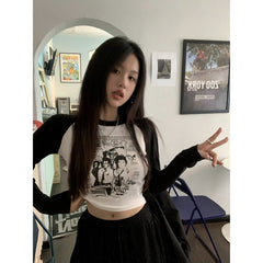 Vintage Printed Long Sleeve Crop Top - fairypeony