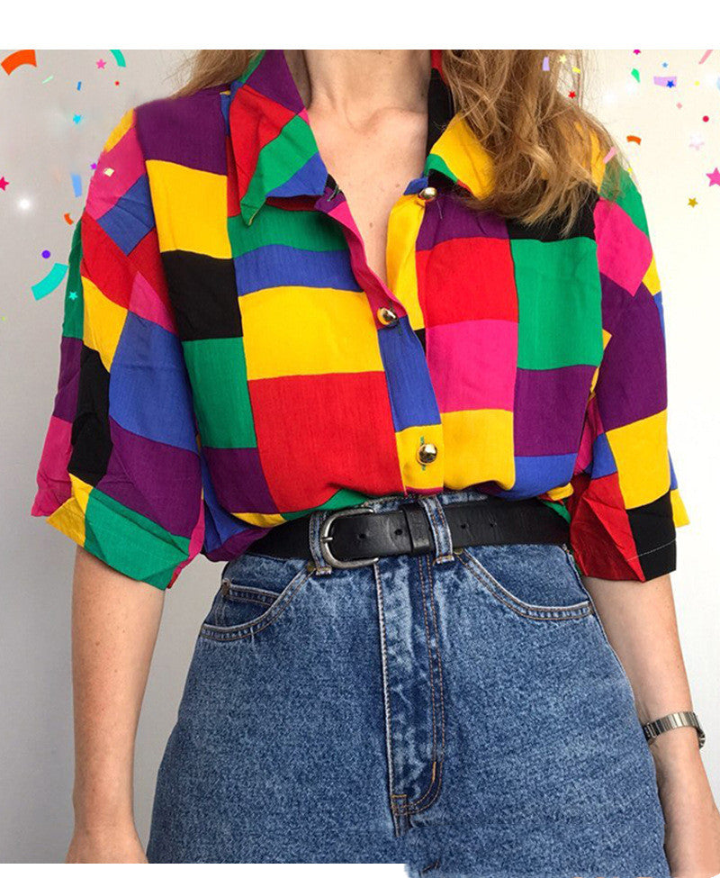 Colorful Printed Lapel Casual Top, , women clothing, colorful-printed-lapel-casual-top, Indie, L, M, red, S, XL, XXL, XXXL, XXXXL, fairypeony