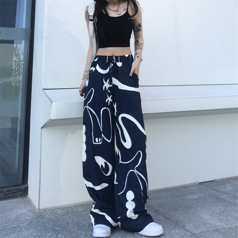 Vintage Graffiti Print Loose Wide-leg Pants, , women clothing, vintage-graffiti-print-loose-wide-leg-pants, , fairypeony