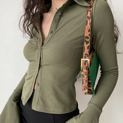 Polo Neck Long Sleeve Rib Blouse - fairypeony